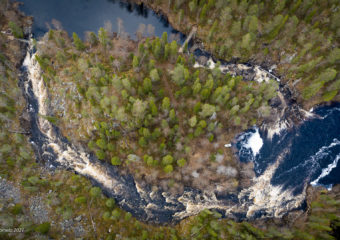 Wild water river, forests and suspension birdges from the bird's point of view.